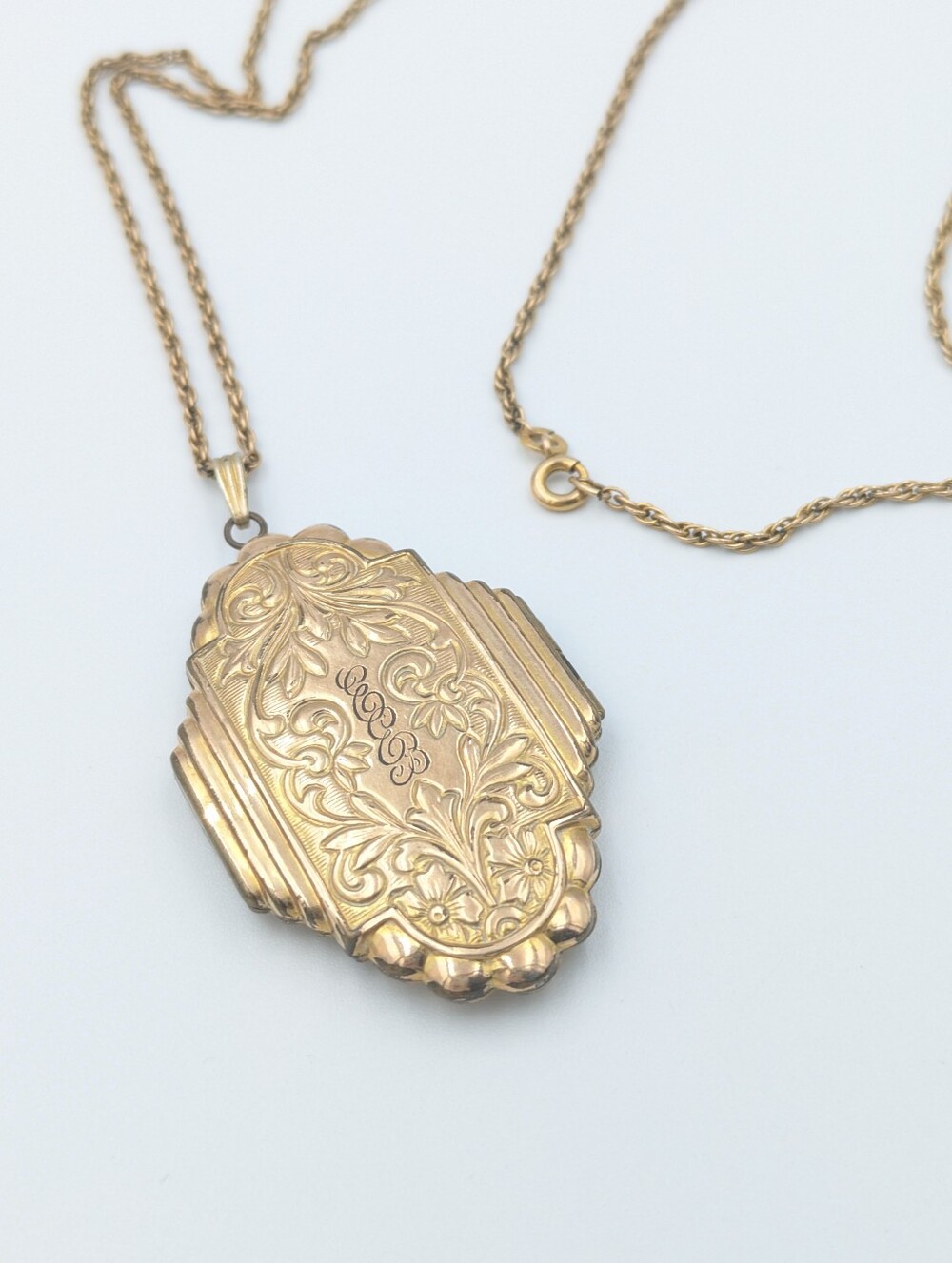Antique Art Deco 1920s-1930s Signed Locket Pendant Necklace Gold Filled Chain